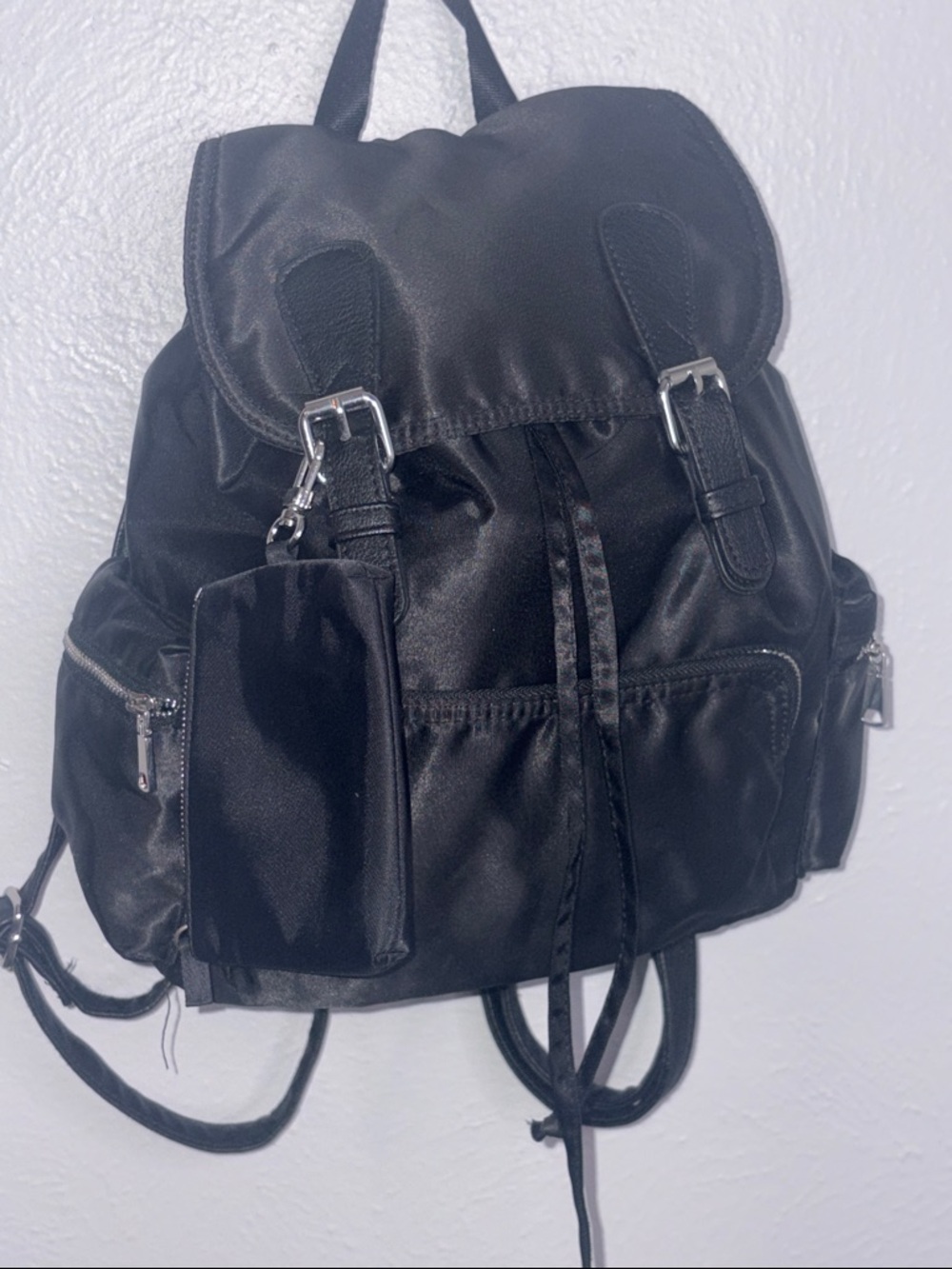 Black H&M Nylon Drawstring Backpack with Front Pockets